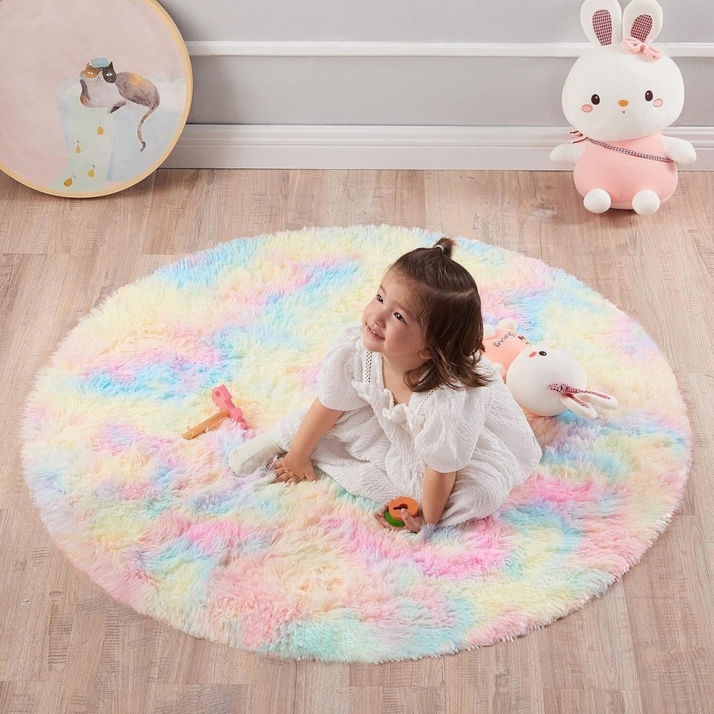 KLUCKIN‎ Round Rainbow Rug, 4ft Fluffy Shag Rug